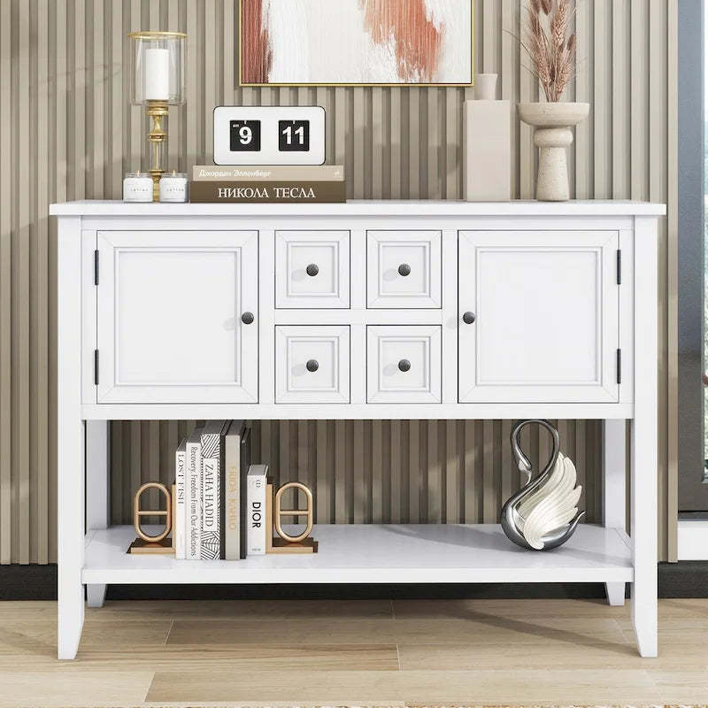 Storage Vintage Console Table with Four Small Drawers and Bottom Shelf for Living Rooms, Entrances and Kitchens