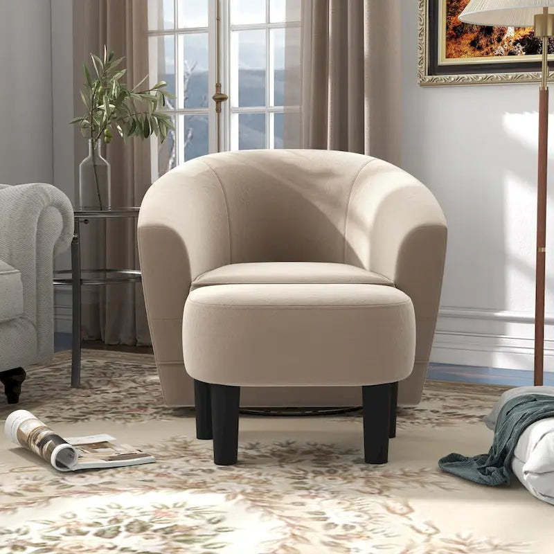 Swivel Accent Chair with Ottoman, Comfy Velvet 360 Degree Swivel Barrel Round Club Tub Sofa Chair for Bedroom Reading Room