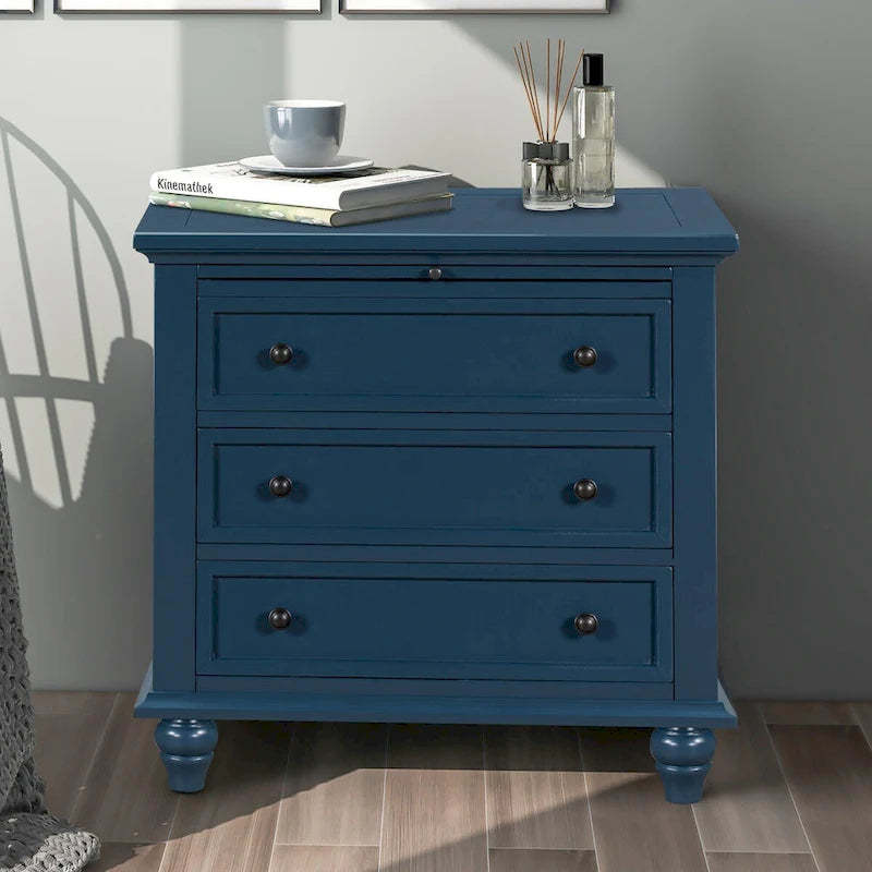 Solid Pine Wood End Table with Pull-out Tray and 3 Drawer, Easy Assembly