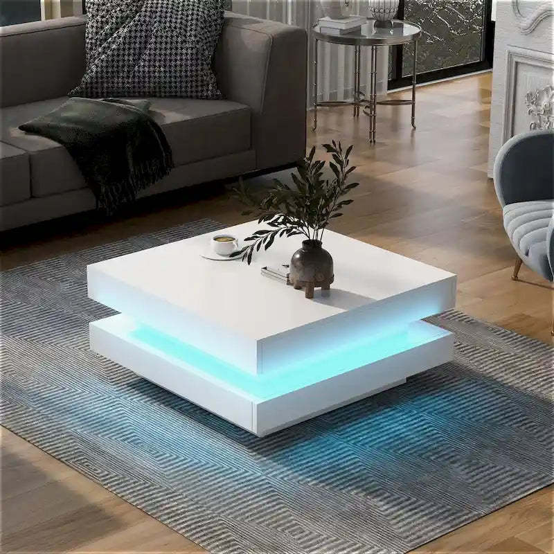High Gloss Minimalist Design with LED Lights, 2-Tier Square Coffee Table, Center Table for Living Room