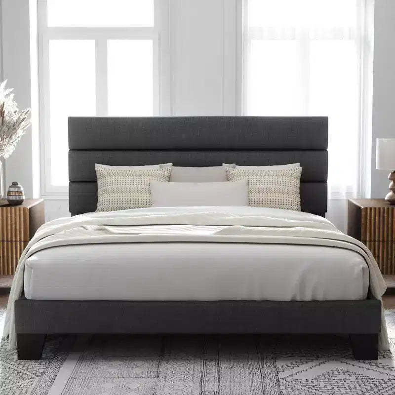 Allewie Platform Bed Frame with Fabric Upholstered Headboard and Wooden Slats Support, Fully Upholstered Mattress Foundation/No Box Spring Needed