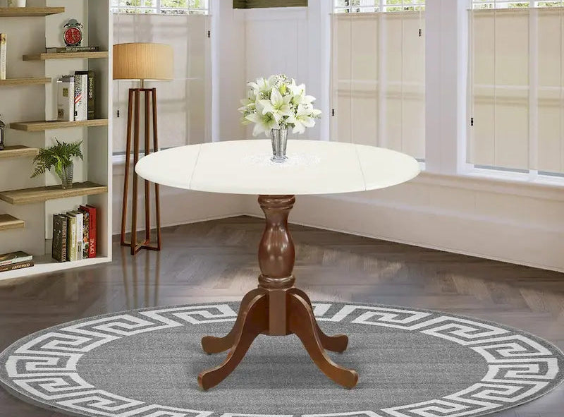 East West Furniture Dublin Dining Room Table - a Round kitchen Table Top with Dropleaf & Pedestal Base, Linen White & Mahogany