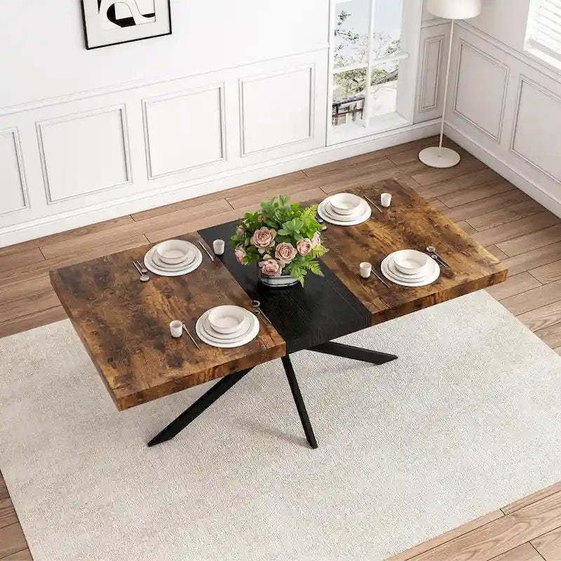 Retro Rectangular Stretch Dining Table with Cross Iron Base