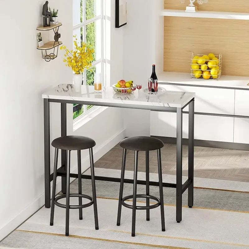 3 Piece Kitchen Pub Dining Set, Modern Faux Marble Counter Height Bistro Bar Table Set with 2 PU Leather Bar Stools