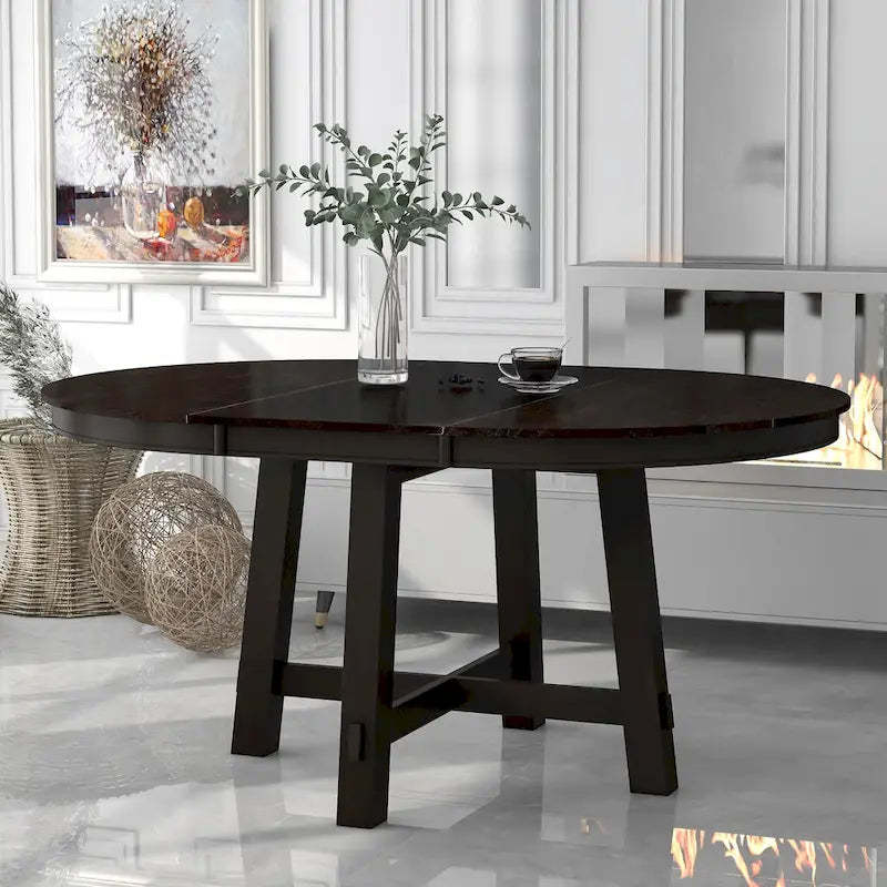 TREXM Farmhouse Round Extendable Dining Table with 16 Leaf Wood Kitchen Table