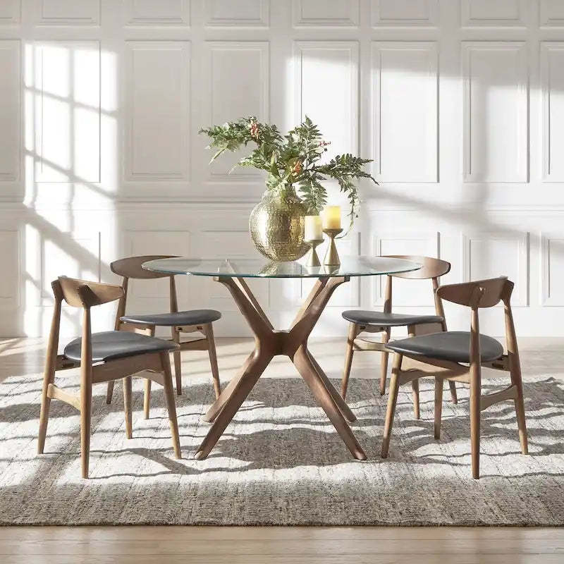 Nadine Dark Walnut Finish Glass Table Top Round Dining Set - Curved Back Chairs by iNSPIRE Q Modern
