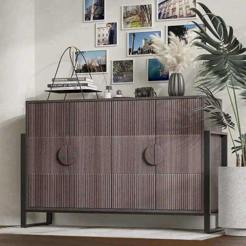 COZAYH Storage Cabinet Fluted Sideboard with 4 Doors, Modern Farmhouse Buffet Cabinet with Adjustable Shelves, Grey Wash