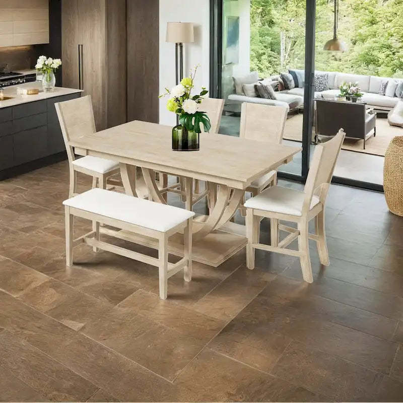 6-Piece Wood Half Round Dining Table Set Kitchen Table Set with Long Bench and 4 Dining Chairs, Modern Style