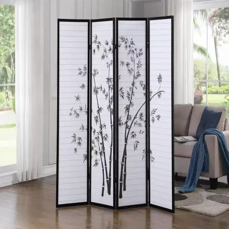Roundhill Furniture Bamboo Print 4-Panel Framed Room Divider, Black