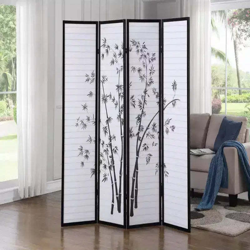 Roundhill Furniture Bamboo Print 4-Panel Framed Room Divider, Black