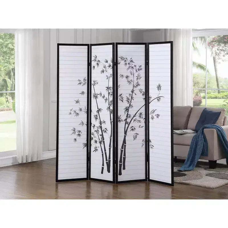Roundhill Furniture Bamboo Print 4-Panel Framed Room Divider, Black