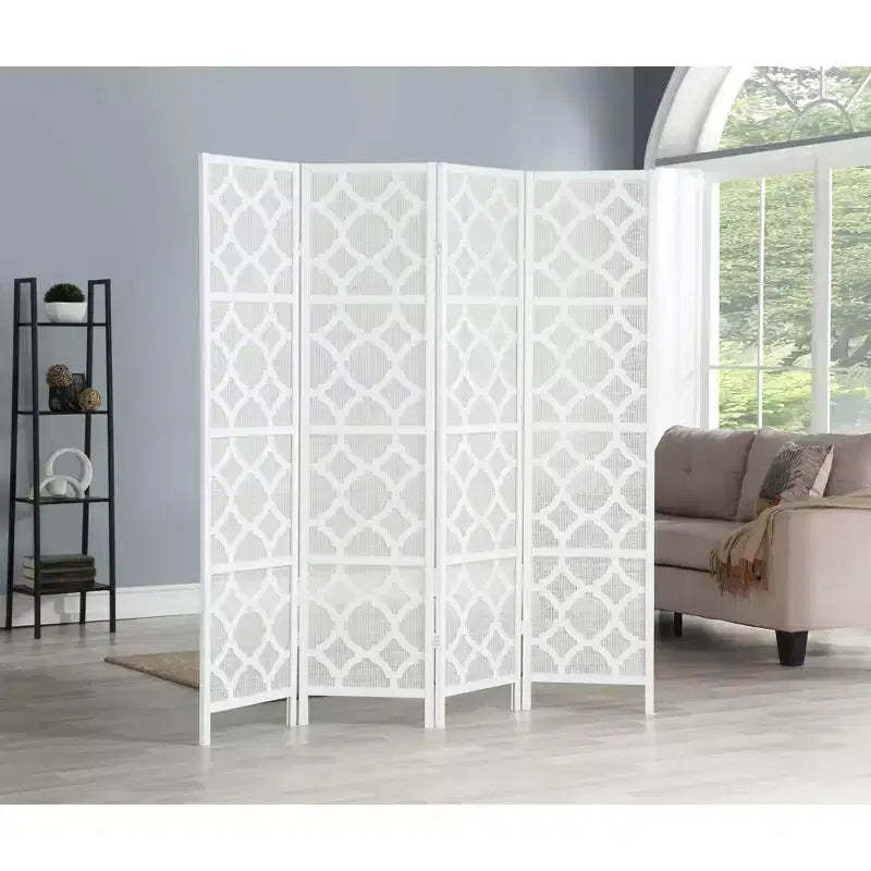 Roundhill Furniture Quarterfoil infused Diamond Design 4-Panel Room Divider, White