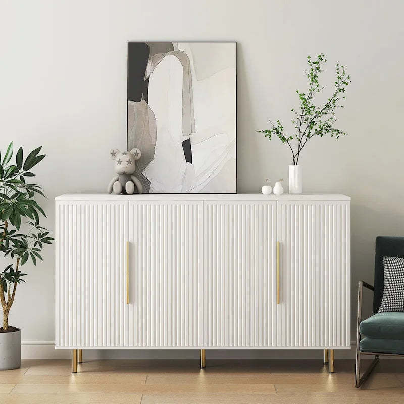 White Modern Buffet Cabinet with Storage, Fluted Sideboard Large Buffet with Adjustable Shelves,Accent Cabinet Console Table