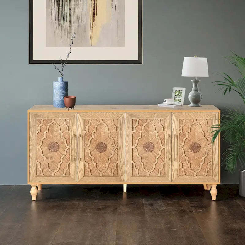 Carved Flower Door Large Storage Cabinet With Metal Handle Suitable For Living Room, Kitchen, Entryway