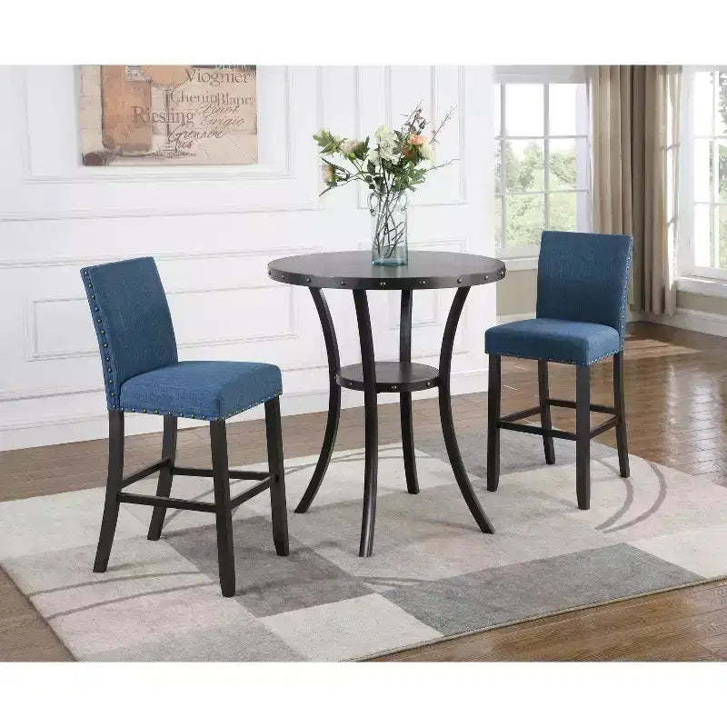 Biony 3-Piece 36 Round Espresso Finish Bar Table with 2 Blue Fabric Nail Head Pub Chairs