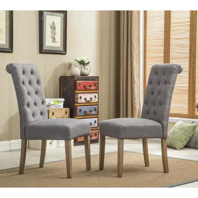 Roundhill Furniture Habit Solid Wood Tufted Parsons Dining Chair, Grey, Set of 2