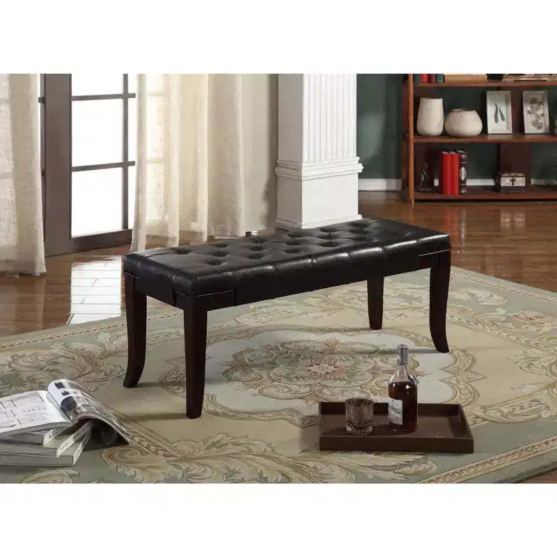 Linon Espresso Leather Tufted Ottoman Bench