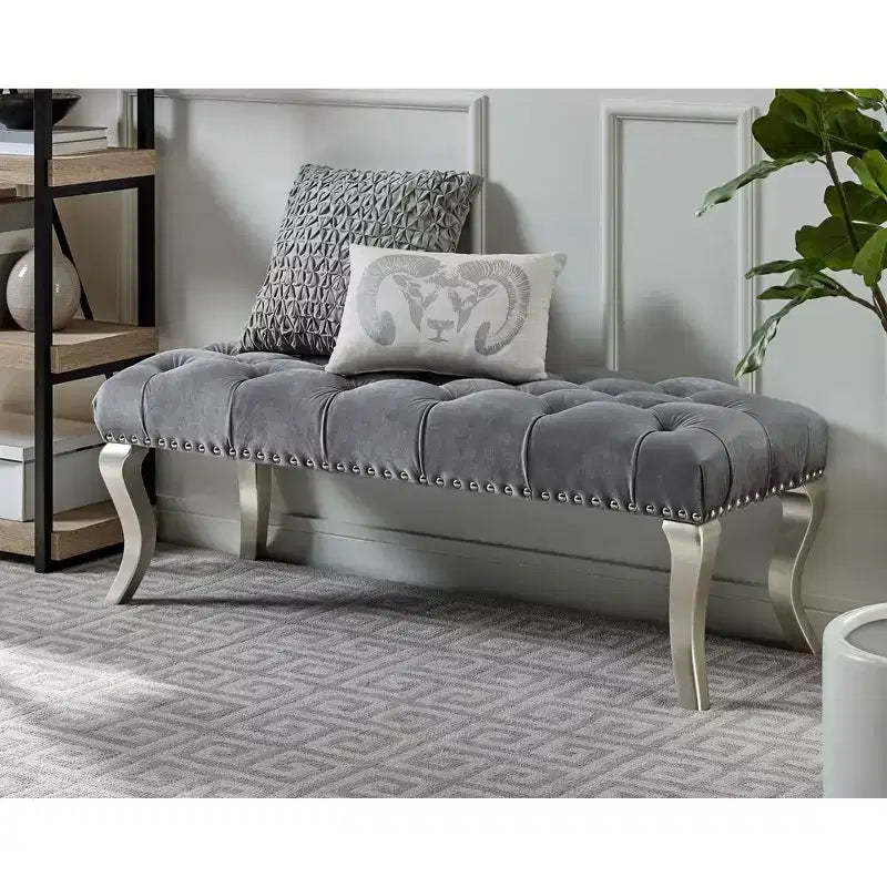 Roundhill Furniture Decor Maxem Tufted Fabric Upholstered Seat with Nailhead Trim Bench, Gray