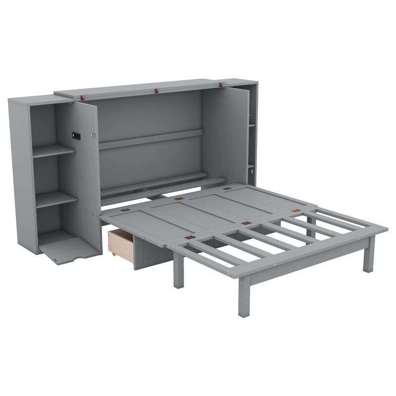 Full Size Wooden Murphy Bed with Shelves, Drawers and USB Ports