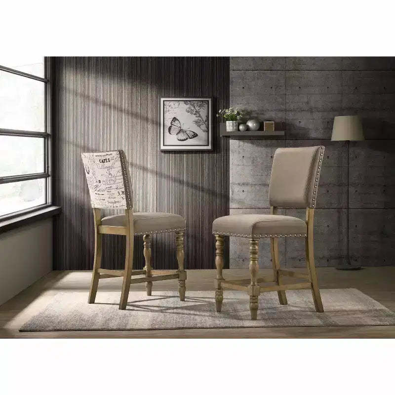 Roundhill Furniture Birmingham Script Printed Driftwood Finish Counter Height Dining Chair with Nail head, Set of 2