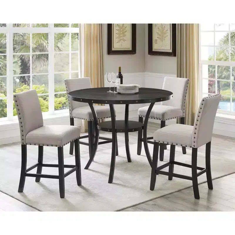 Roundhill Furniture Biony Espresso Wood Counter Height Dining Set with Tan Fabric Nailhead Stools