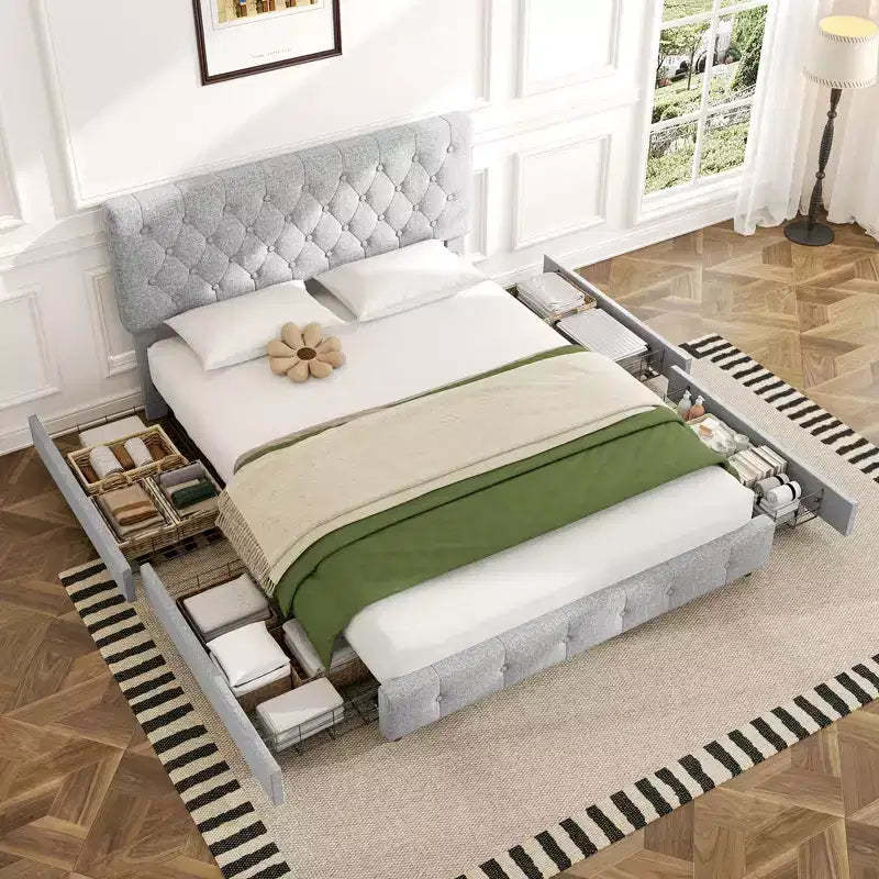 HYLEORY Queen Storage Bed Frame with 4 Drawers & Headboard, Upholstered Platform Bed Frame