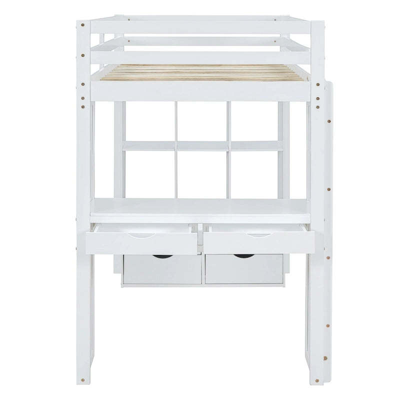 Loft Bed with Large Shelves, Writing Desk and LED Light