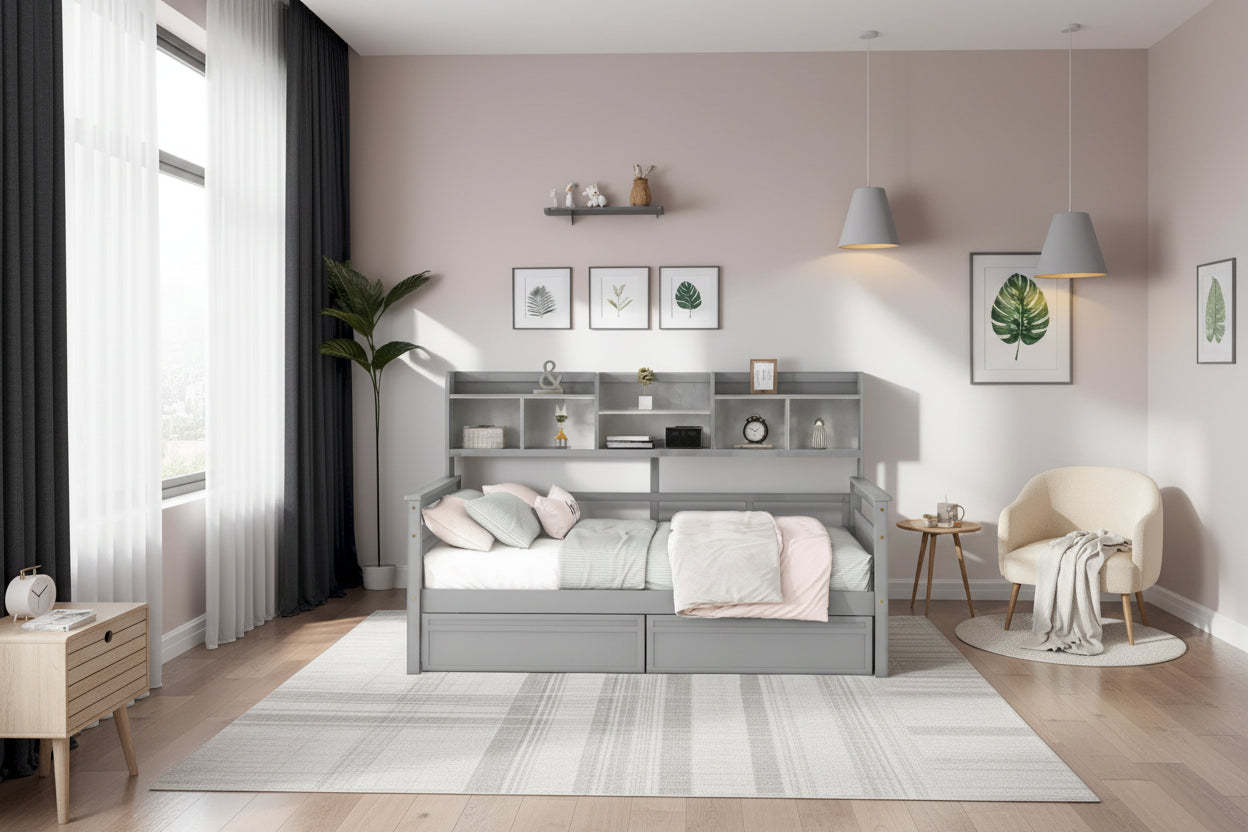 Full Size Wood Daybed with Bedside Shelf and Two Drawers
