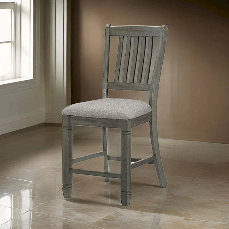 26 Inch Counter Height Chair Set of 2, Slat Back, Gray Wood, Fabric Seat
