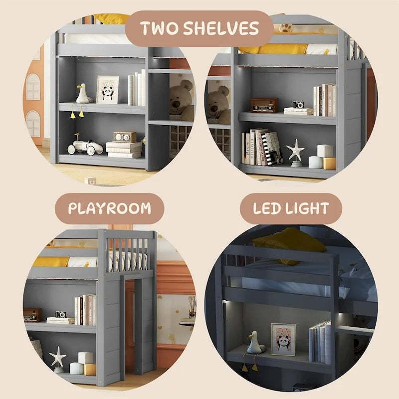 Twin Size Wood Loft Bed with Two-Tier Shelves and LED Light