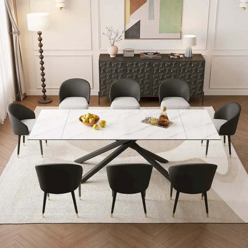 9 - Piece Extendable Rectangular Sintered Stone Cross Legs Dining Set With 8 Chairs For Home or Villa