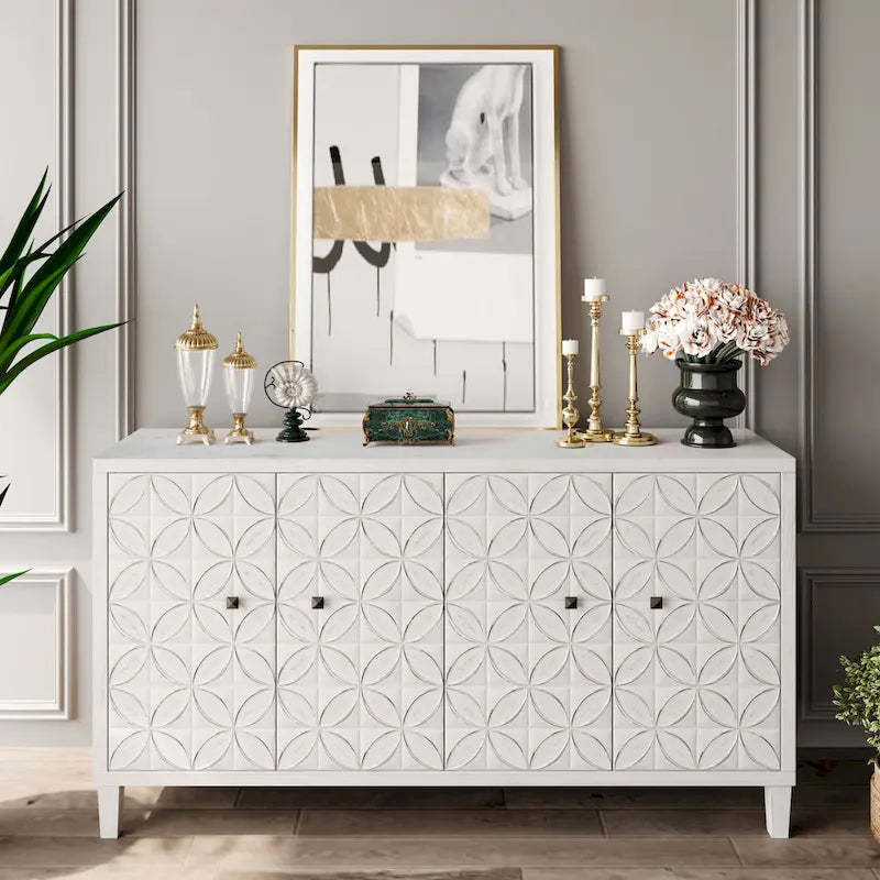 60-in Modern Wash White 4 Door Wooden Sideboard Buffet Server Accent Storage Cabinet