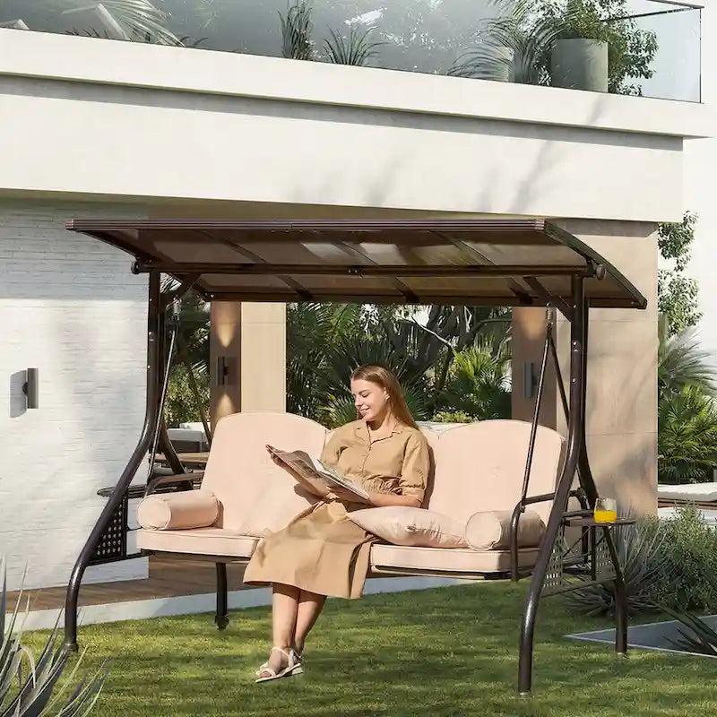 3-Person Metal Patio Swing with Adjustable Canopy and Cushions Support 750 lbs