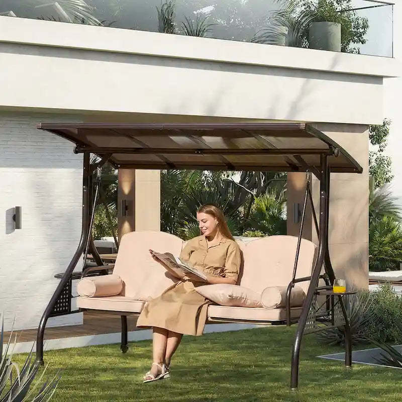 3-Person Metal Patio Swing with Adjustable Canopy and Cushions Support 750 lbs