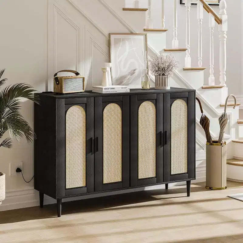 Sideboard Buffet Cabinet, 4 Rattan Doors Accent Storage Cabinet with Adjustable Shelves for Living Room