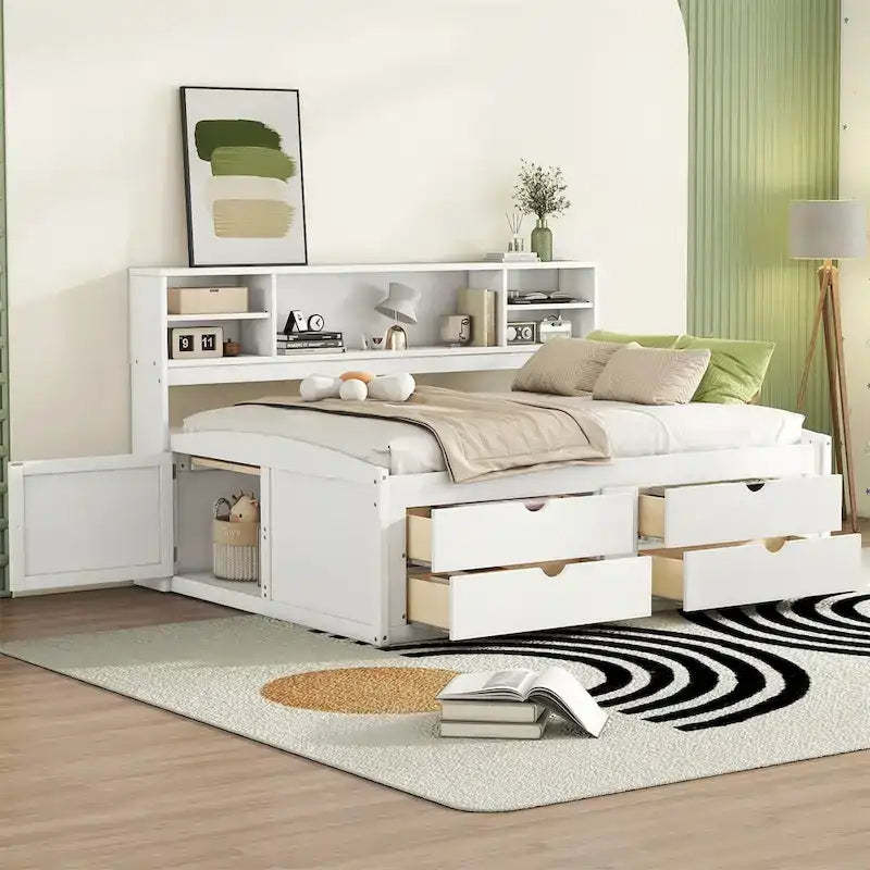 Merax Full Size Wood Daybed with Cabinets, Shelves and 4 Drawers