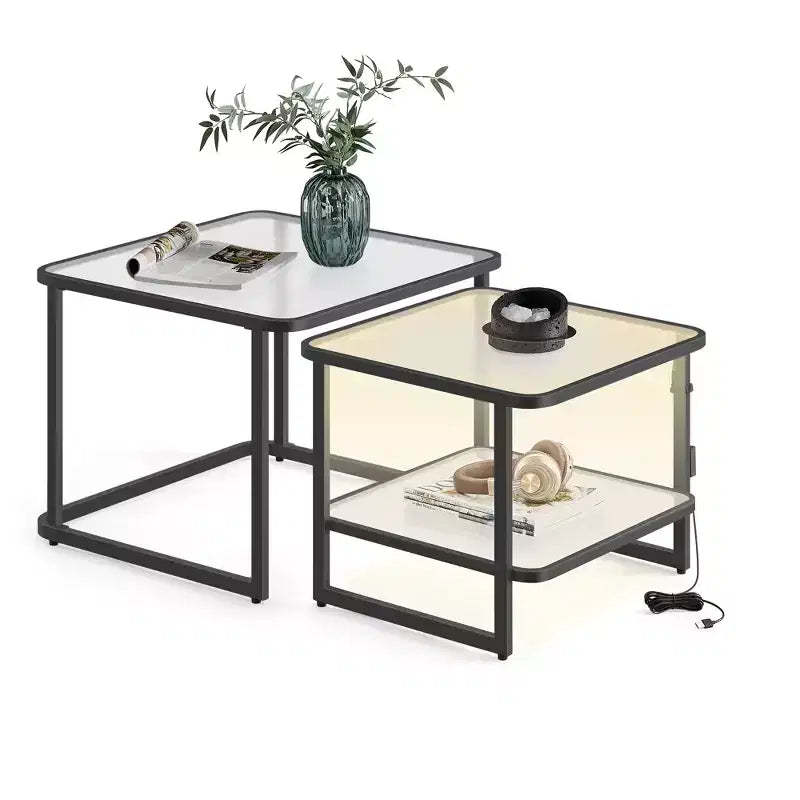 VASAGLE Nesting Coffee Table, Frosted Glass Coffee Table with LED Lights, Square Side Tables with Bottom Shelf