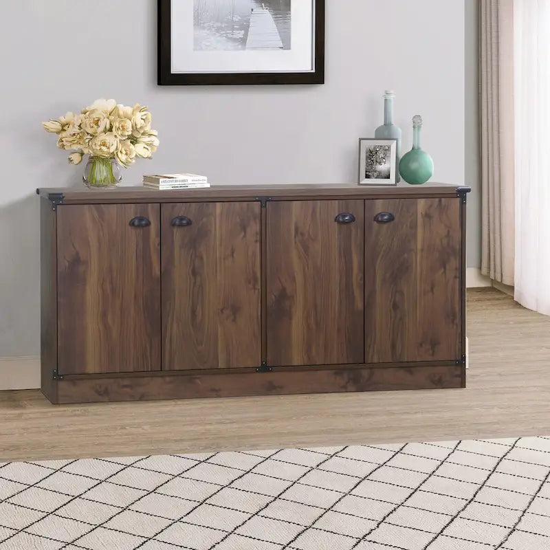 Contemporary Dark Walnut Wood Four-Door Credenza File Cabinet