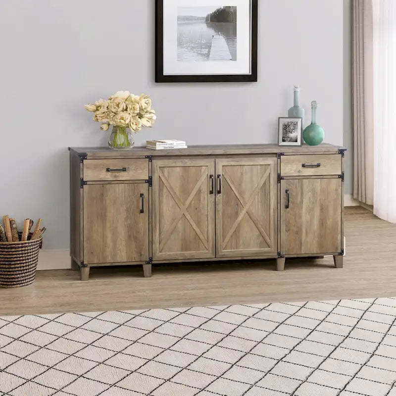 Oxford Farmhouse Rustic Oak Four-Door Credenza File Cabinet - 64.7W x 15.8D x 29.7H