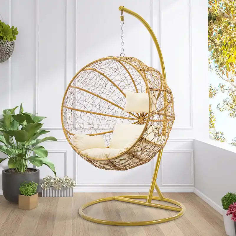 Modern Outdoor Gold Wicker Double Hanging Egg Swing Chair