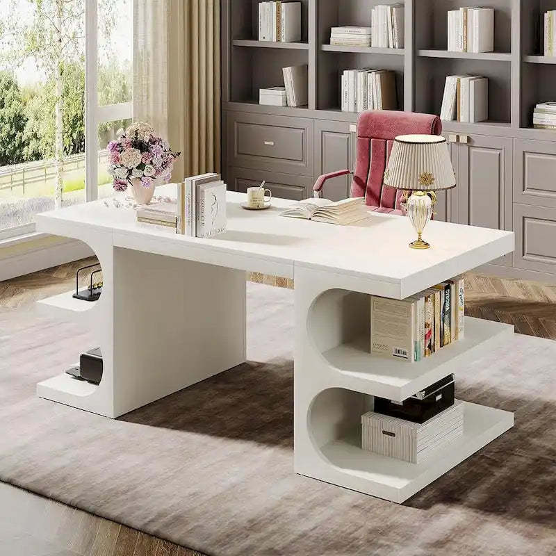 62 Inches Computer Executive Desk, Large Office Desk with Shelves Writing Desk