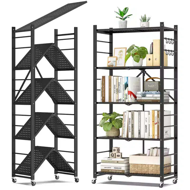 Foldable Metal Storage Shelves 4 or 5 Tier with Hooks and Wheels