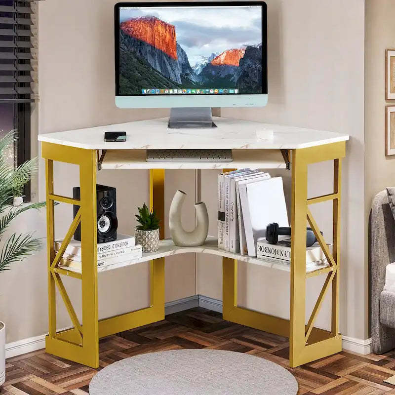 Javlergo Corner Desk with Keyboard Tray, Study Writing Computer Table for College Dorm Home Office