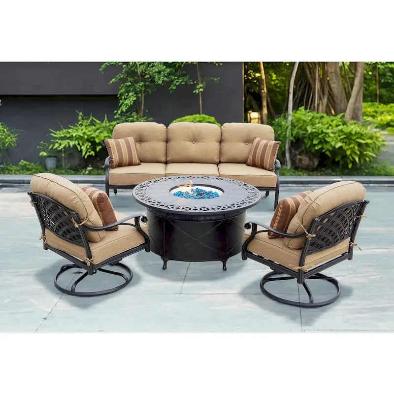 Nassau 4-Piece Patio Propane Fire Pit Sofa Set (with 2 Swivel Rocker Club Chairs) and 47 Round Fire Pit Chat Table