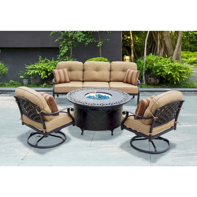 Nassau 4-Piece Patio Propane Fire Pit Sofa Set (with 2 Swivel Rocker Club Chairs) and 47 Round Fire Pit Chat Table