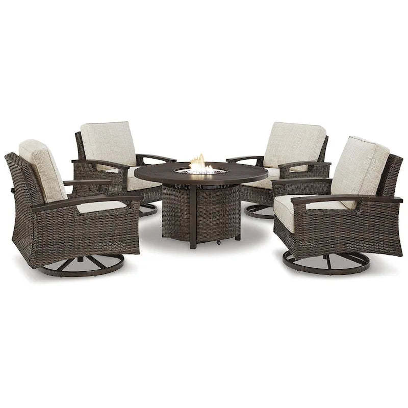 Signature Design by Ashley Paradise Trail Medium Brown/Beige Outdoor Fire Pit Table with 4 Nuvella Swivel Lounge Chairs