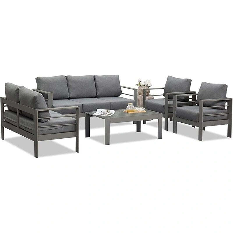 5-Pieces Aluminum Conversation Set Modern Grey Metal sectional Sofa with Dark Grey Cushions - 73x26x32