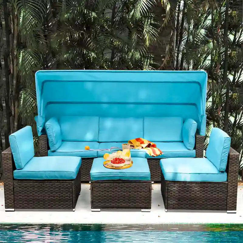 Moasis Blue 6-piece Wicker Patio Furniture Set - 82.28L x 53.54W x 56.7H