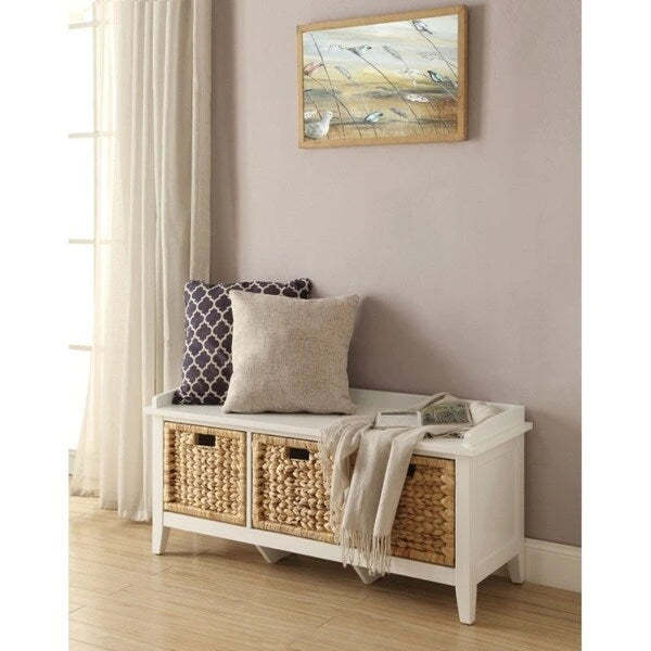 Rectangular Wooden Bench with Storage Basket, White