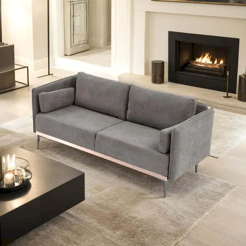 3-Seat Sofa with Stainless Steel Trim,Linen Fabric Couch,w/Metal Legs,for Living Room,Apartment,Office